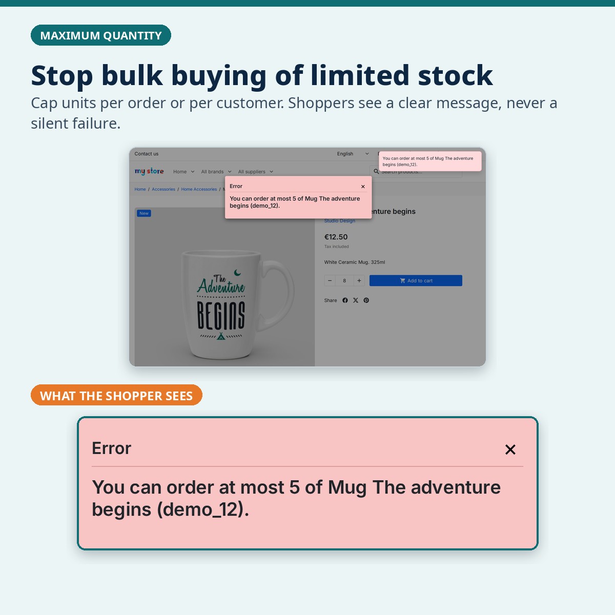 Error message for a maximum quantity