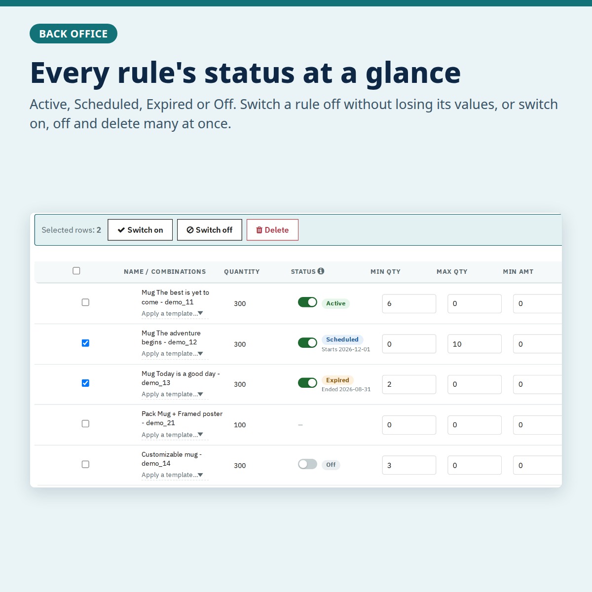 Rule table with status and bulk actions