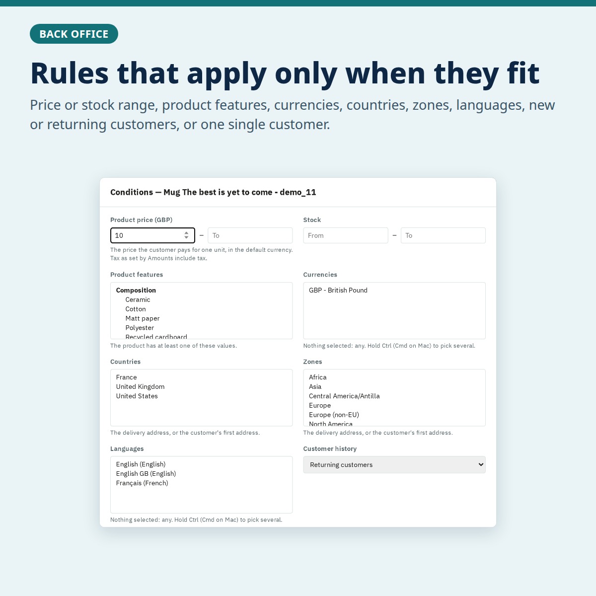Conditions window of a rule