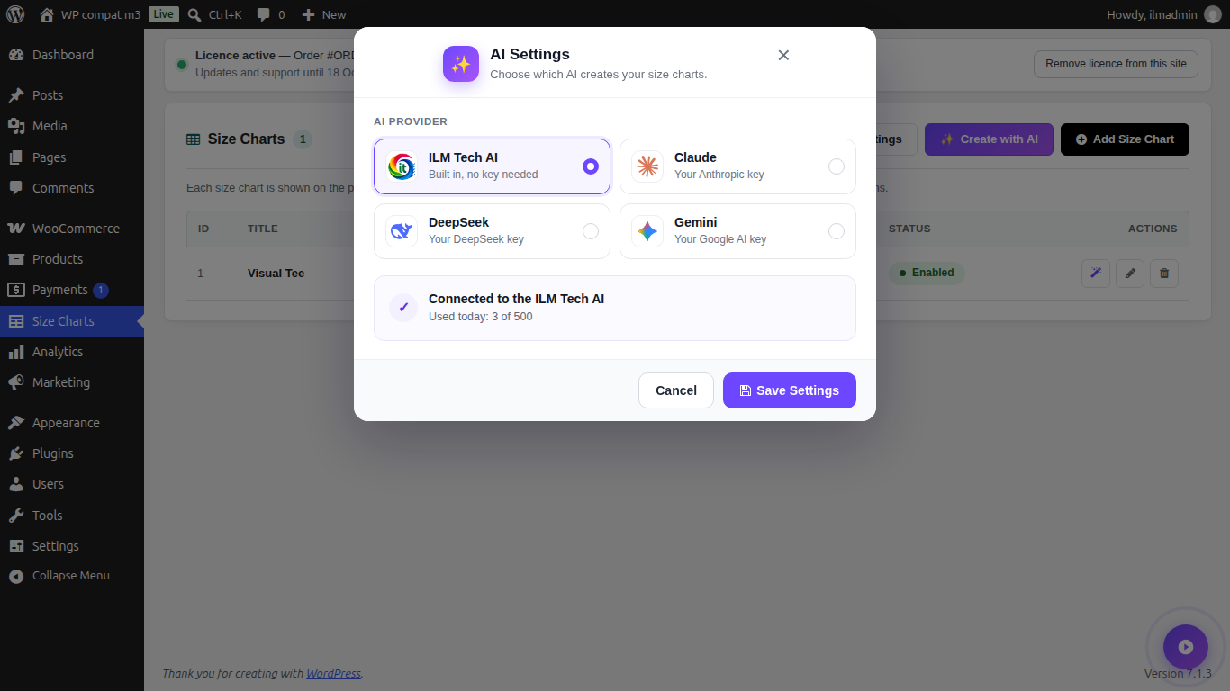 AI settings with the ILM Tech AI service and your own provider keys