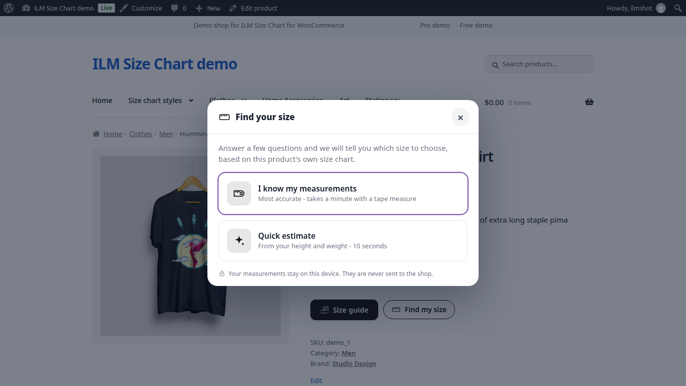 Find your size window on a WooCommerce product page