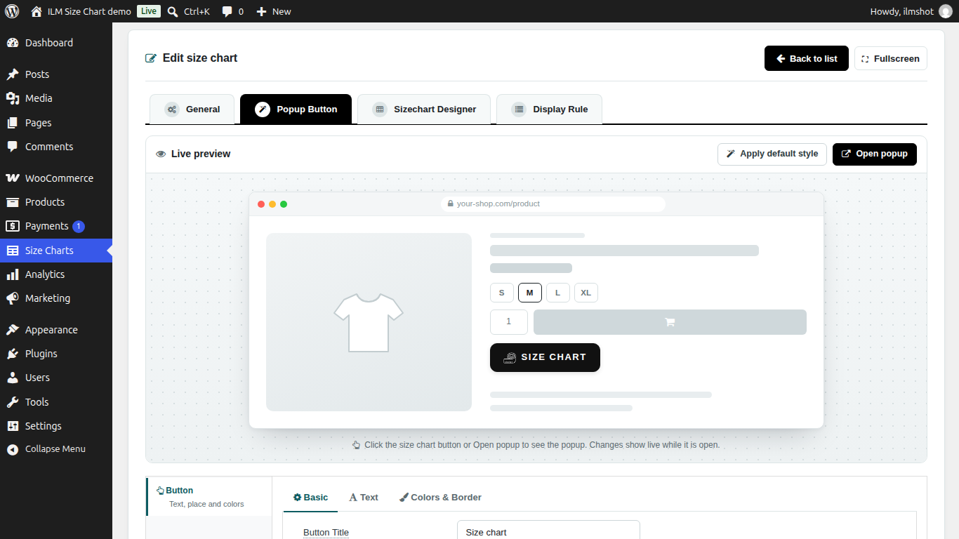 Popup button designer with a live preview