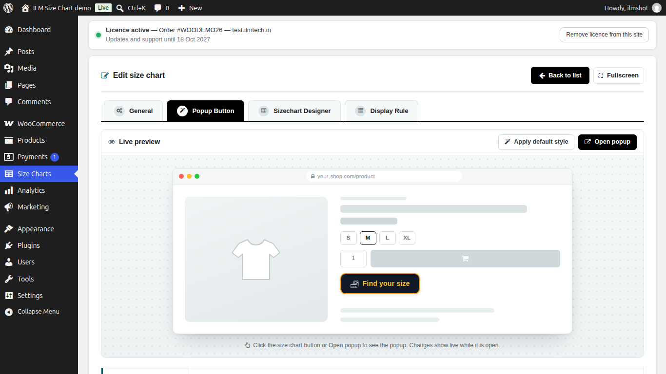 Popup Button designer with a live preview