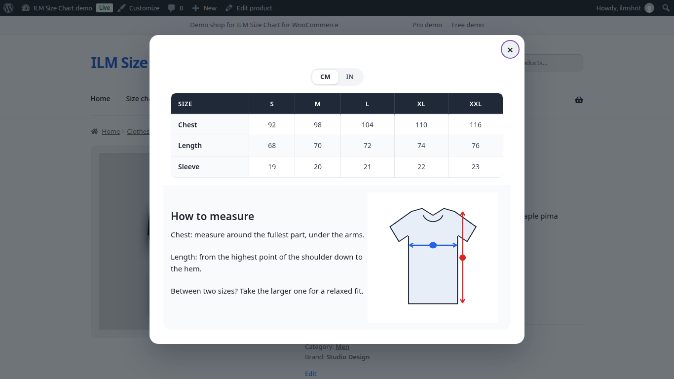 Size guide popup with a table, a cm and inch switch and a how-to-measure picture