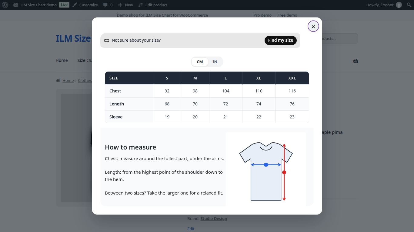 Size guide popup with a cm and inch switch on a WooCommerce product