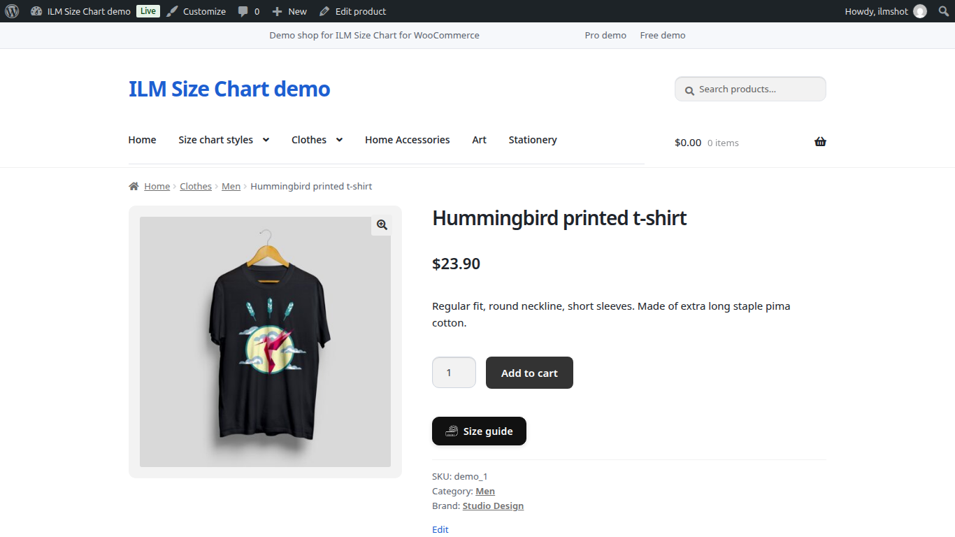 Size guide button on a WooCommerce product page