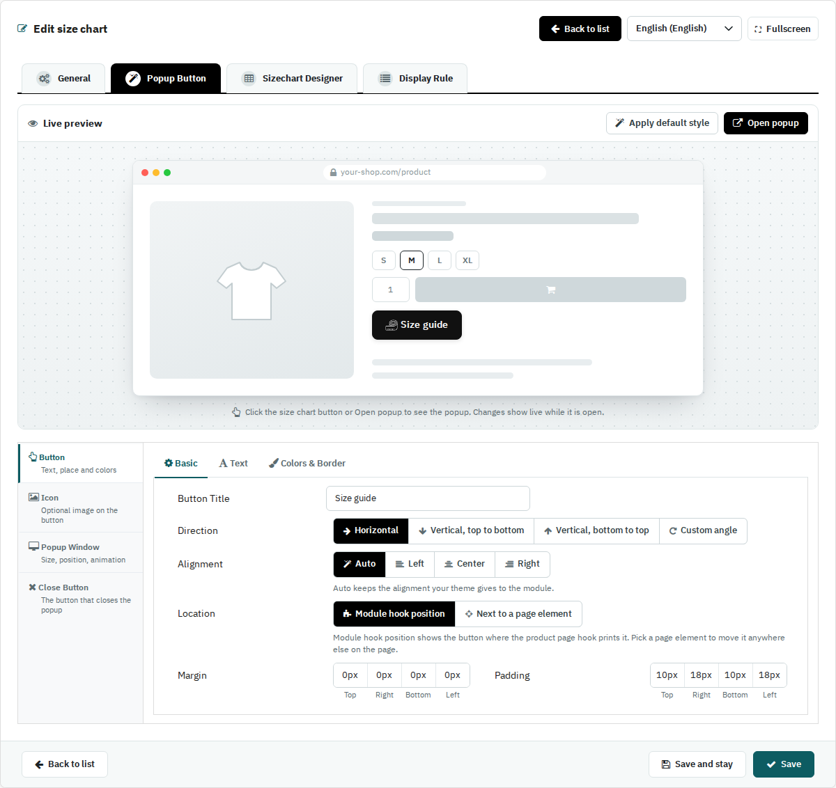 Popup Button designer with a live preview
