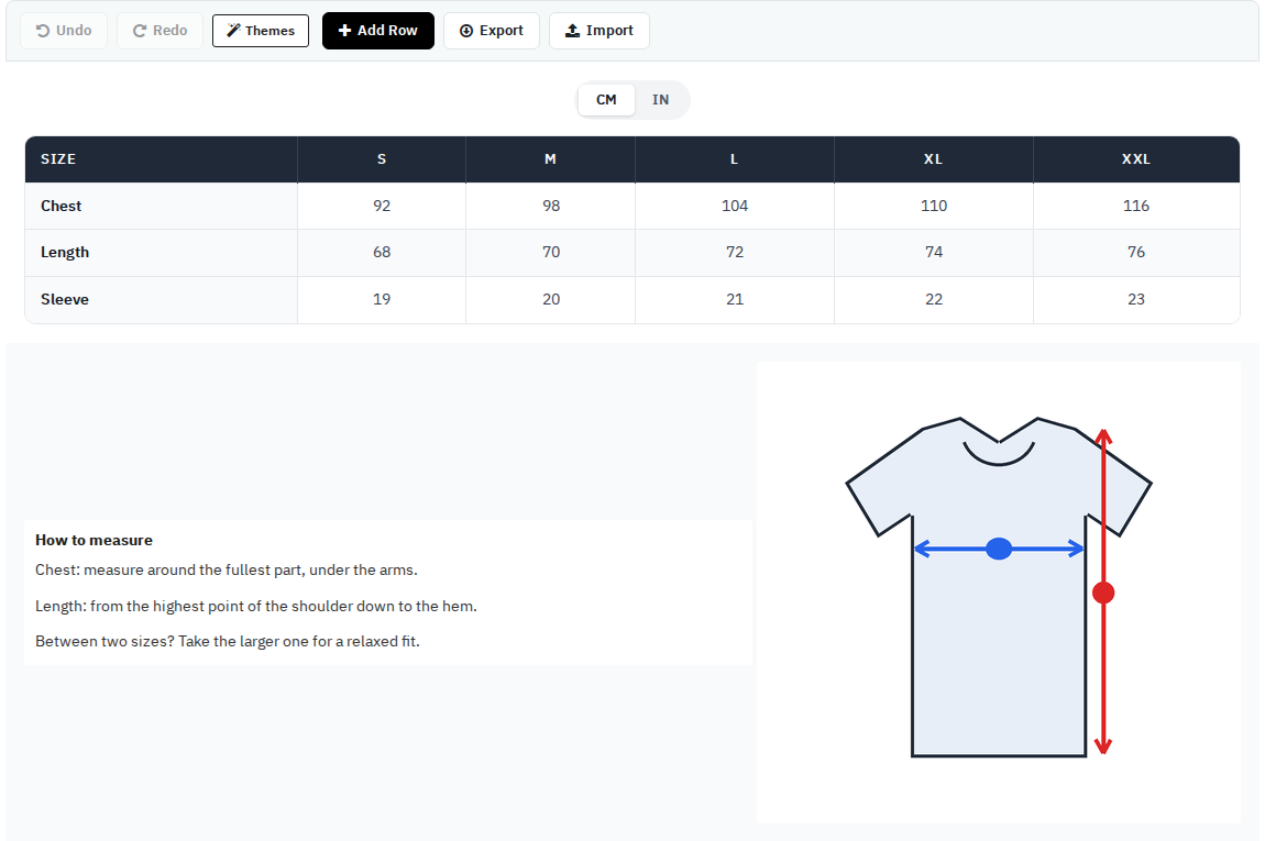 Sizechart Designer with a size table and a how-to-measure picture