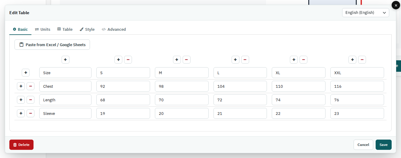 Table editor with a paste from Excel button