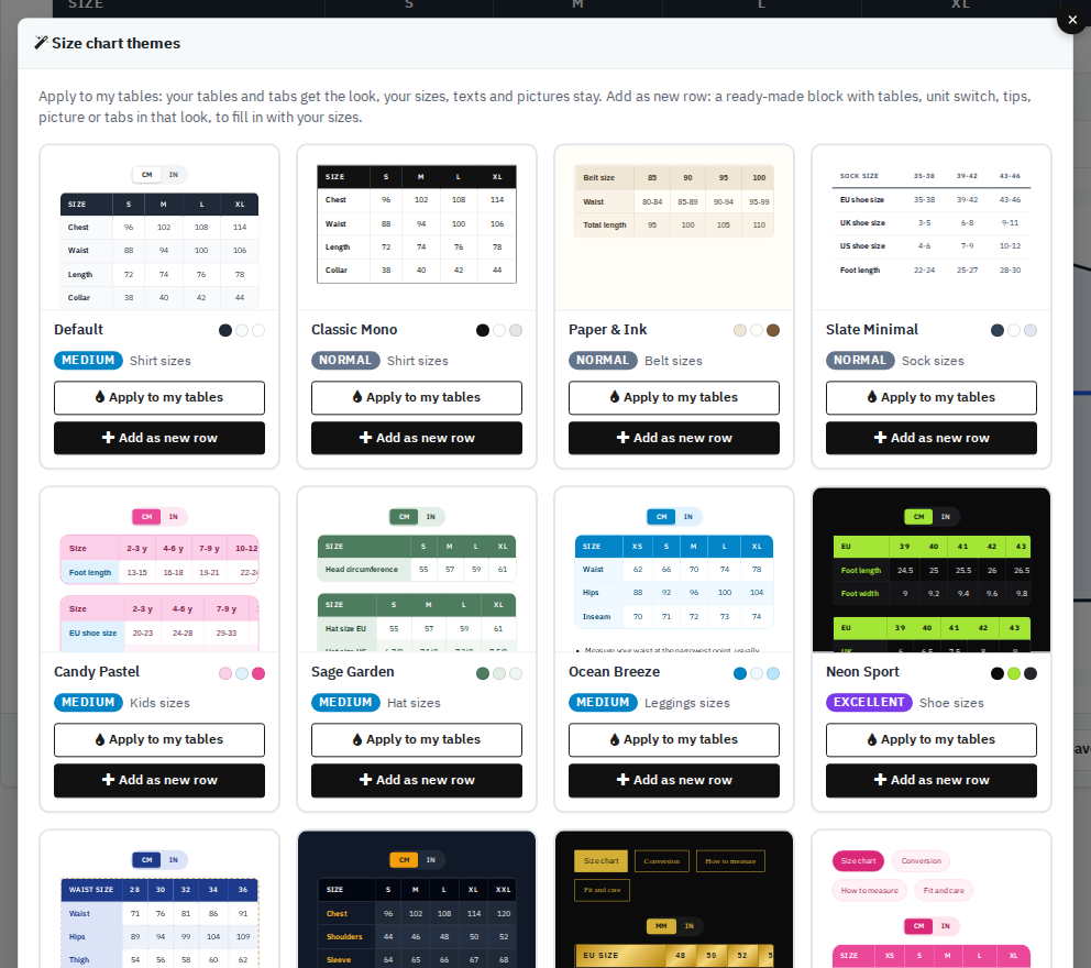 Theme picker with thirteen size chart looks