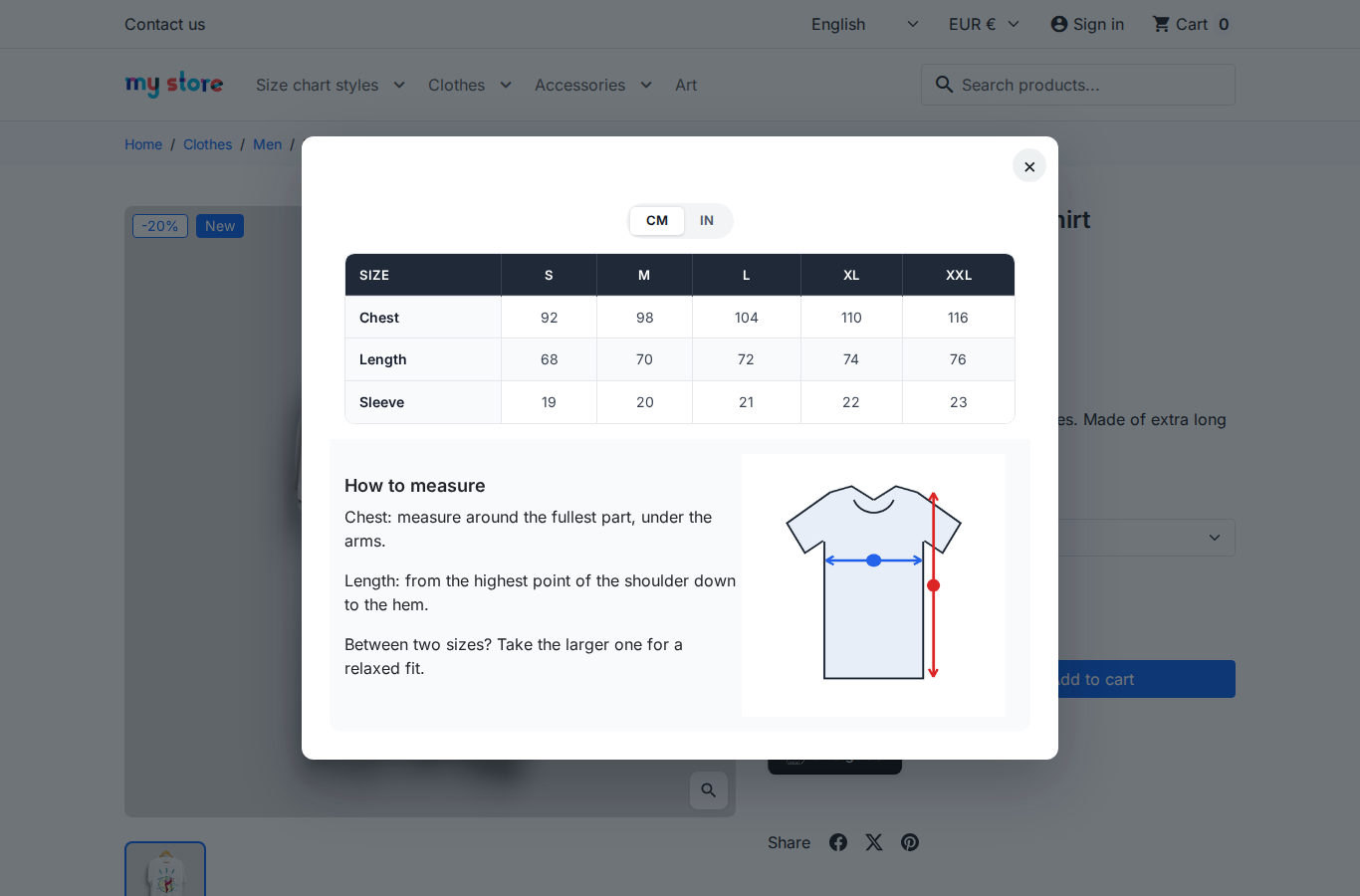 Size guide popup on a product page